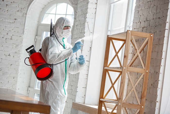 Coronavirus Pandemic. A disinfector in a protective suit and mask sprays disinfectants in the room. Covid-19-Reinigung